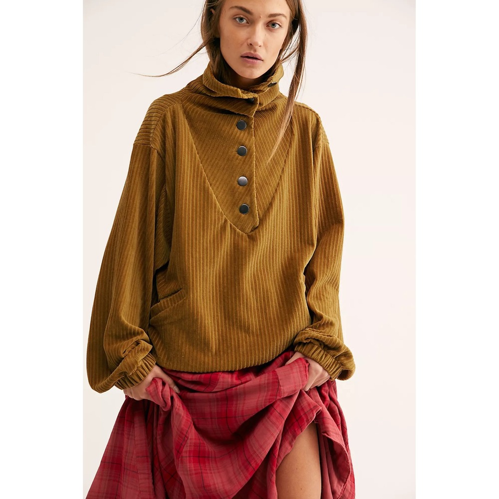 Boho Free People Serena Pullover Ribbed Velvet Snap Neck Sweater Sz Small
